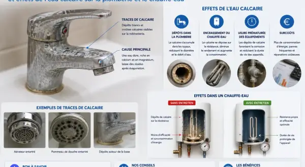 Robinet entartré par une eau agressive ou calcaire, montrant des dépôts blancs et des croûtes. L'image illustre les effets néfastes du calcaire sur la plomberie et les appareils.