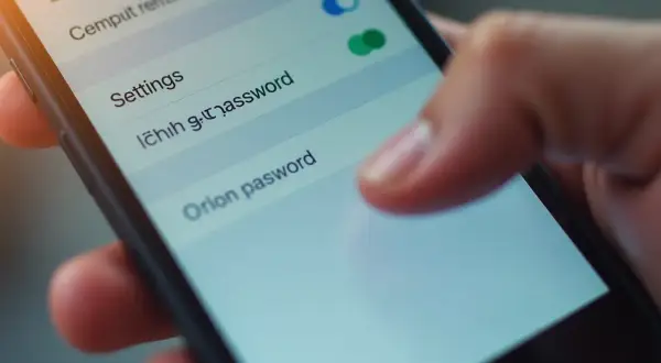 Palec dotyka ekranu telefonu, wybierając opcję "Orion pasword". Dowiedz się, jak zmienić hasło w telefonie, aby zwiększyć bezpieczeństwo.