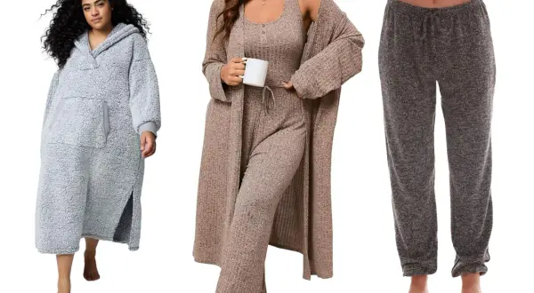 Trzy zestawy odzieży domowej plus size: szary szlafrok z kapturem, beżowy komplet z kardiganem i szare spodnie dresowe.