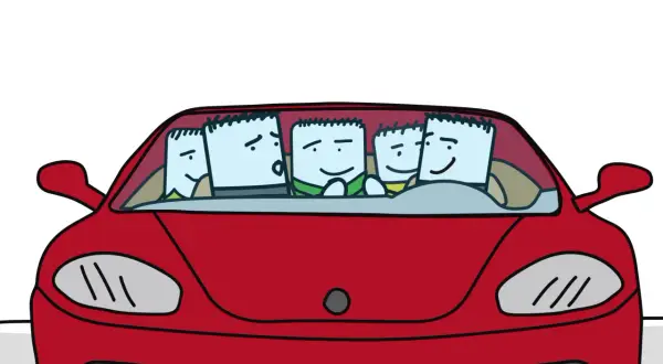 Six personnages s'entassent dans une voiture 5 places, un peu serrés mais souriants. Ils risquent une amende pour surpeuplement.