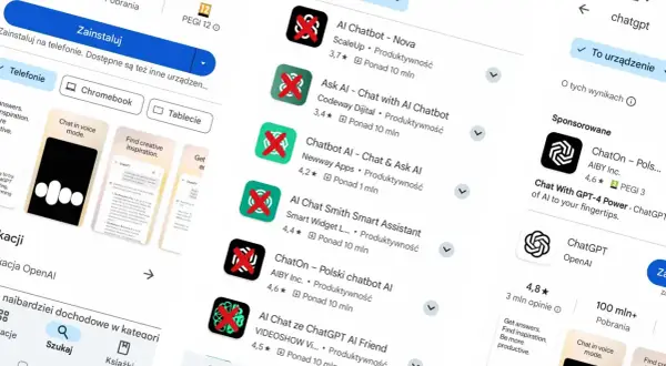 Szukaj aplikacji ChatGPT w sklepie. Widzisz oficjalną aplikację OpenAI i inne podobne.