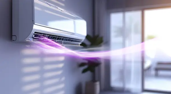 Moderne Klimaanlage zum Heizen mit lila Luftstrom, der sich im Raum ausbreitet.