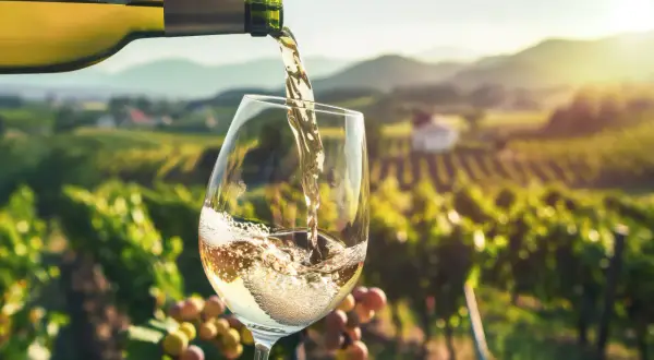 Białe wino nalewane do kieliszka na tle winnicy. Po zawale, ostrożnie z alkoholem.