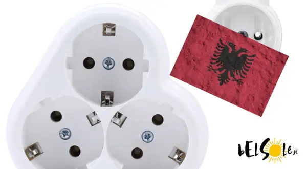 Białe gniazdka elektryczne z flagą Albanii. Idealne do podłączenia urządzeń w każdym domu.