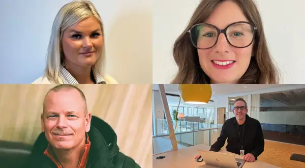 Fyra personer, två kvinnor och två män, porträtterade i en collage. De arbetar på en hållbar arbetsplats.