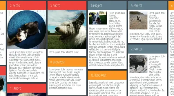 Disposition d'articles de blog et de photos de chiens, organisés en colonnes comme un design masonry CSS.