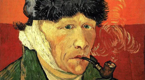 Obraz van Goga: autoportret artysty z zabandażowanym uchem, palącego fajkę.