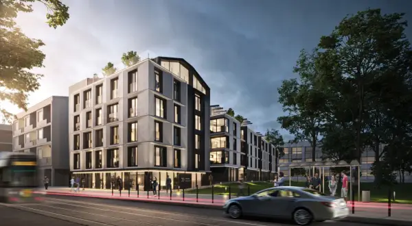 Nowoczesne apartamenty w Krakowie, z tramwajem i samochodem w ruchu. Ceny mieszkań w krakowie mogą być wysokie, ale warto zainwestować w taką lokalizację.
