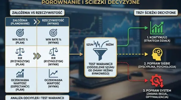 Schemat audytu strategii Forex: porównanie planu z wynikami, analiza odchyleń i ścieżki decyzyjne. Trader analizuje dane, by poprawić system.