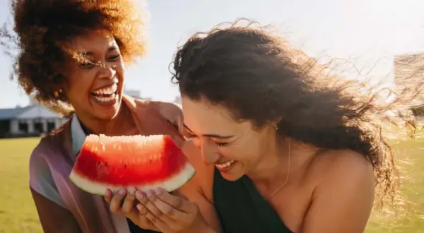 Zwei lachende Frauen teilen ein Stück Wassermelone. Perfekt für einen heißen Tag, da Wassermelone kalorienarm ist und erfrischt.