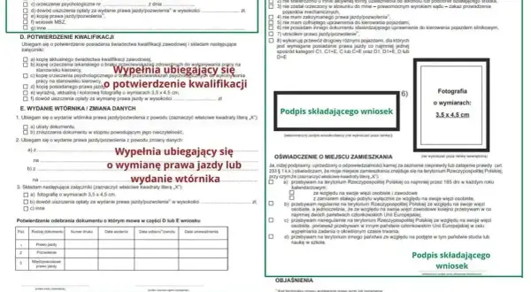 Wniosek o wydanie wtórnika prawa jazdy lub wymianę dokumentu. Dołączona fotografia 3,5 x 4,5 cm.