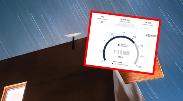 Starlink z prędkością 171 Mb/s pobierania. Antena satelitarna na dachu, nocne niebo z smugami gwiazd.