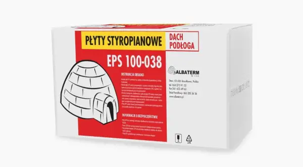 Płyty styropianowe EPS 100-038 do dachu i podłogi. Opakowanie z instrukcją obsługi i informacjami o bezpieczeństwie.