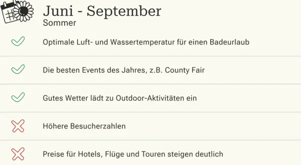 Juni-September: Sommer in L.A. mit optimalem Wetter für Badeurlaub & Events. Nachteile: mehr Besucher, höhere Preise. Beste Reisezeit für L.A.