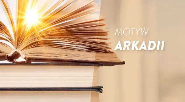 Otwarta księga, z której wydobywa się światło, symbolizuje motyw arkadii i wiedzy.