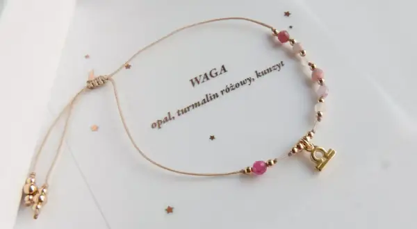 Bransoletka z symbolem Wagi, kamieniem opal, turmalinem i kunzytem. Idealny kamień znak zodiaku dla osób urodzonych pod znakiem Wagi.
