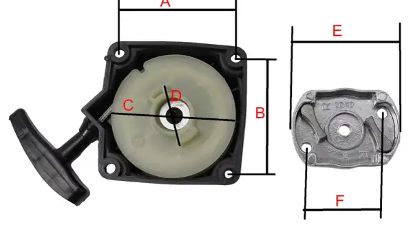 Szarpak do kosy spalinowej z uchwytem i mechanizmem zwrotnym. Wymiary części oznaczone literami A, B, C, D, E, F.