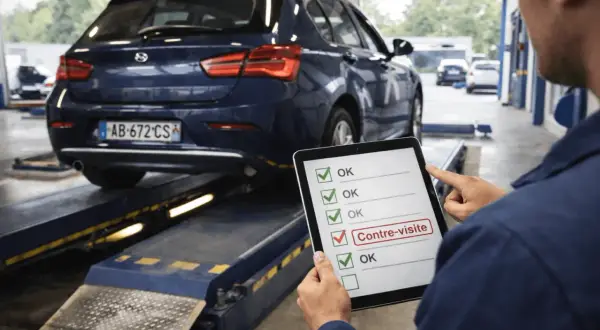 Un technicien vérifie une liste sur une tablette, avec une voiture sur un pont élévateur. La case "Contre-visite" est cochée.