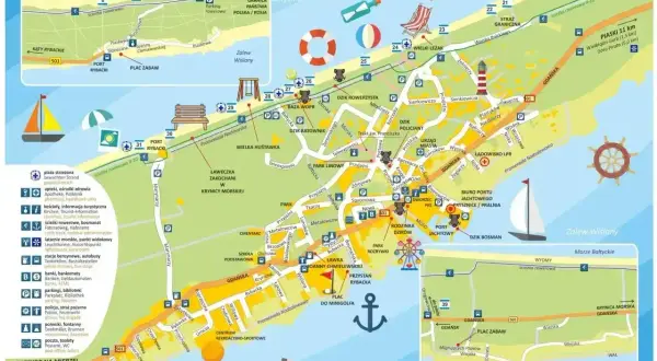 Mapa Krynicy Morskiej z zaznaczonymi atrakcjami, portami i ścieżkami. Widać tu m.in. plaże, latarnię morską, park linowy i miejsca do wypoczynku. Brak tu jednak informacji o **krynica morska pociąg**.