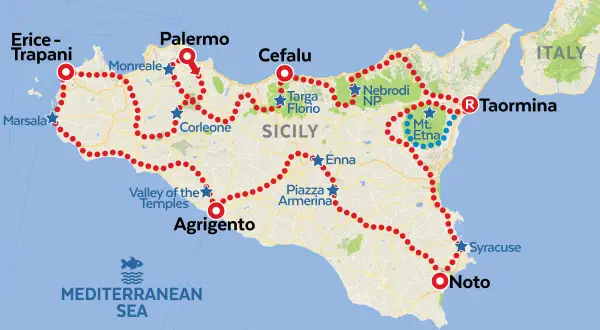 Mapa de Sicilia con ruta turística: Palermo, Cefalú, Taormina, Etna, Siracusa, Noto, Agrigento, Valle de los Templos, Marsala, Erice. ¡Ideal para visitar Sicilia!