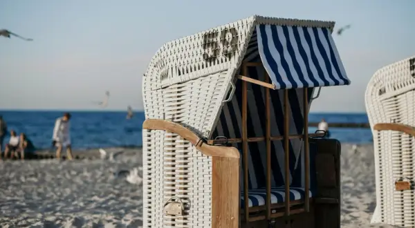 Plaża z koszami plażowymi, idealne miejsce, gdy szukam noclegu nad morzem.