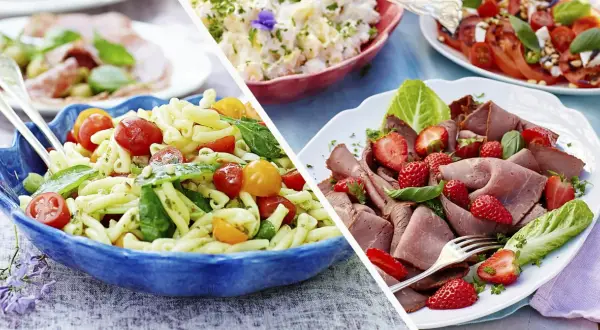 En härlig somrig mat-collage med pastasallad, tomat- och mozzarellasallad, och rostbiff med jordgubbar.