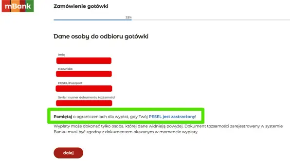 Formularz zamówienia gotówki. Wpisz dane odbiorcy, pamiętaj o ograniczeniach dla wypłat, gdy Twój PESEL jest zastrzeżony!