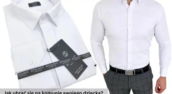 Biała koszula męska z metkami i fragmentem stylizacji z szarymi spodniami w kratę.