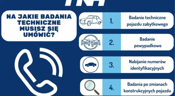 Przegląd techniczny samochodu: badanie pojazdu zabytkowego, powypadkowe, nabijanie numerów identyfikacyjnych, po zmianach konstrukcyjnych.