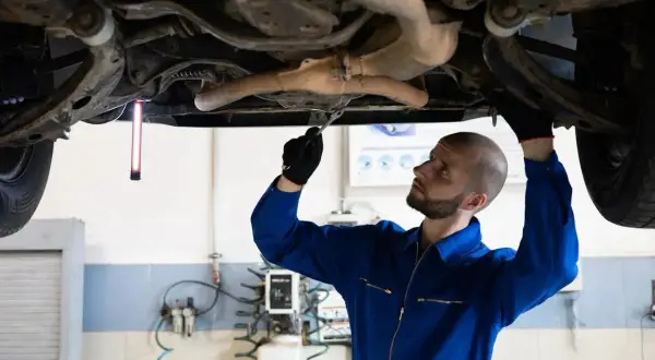 Mekaniker i blå overall inspekterar bilens undersida med verktyg. En viktig del av att besikta bilen hos Transportstyrelsen är att kontrollera att allt är i sin ordning.