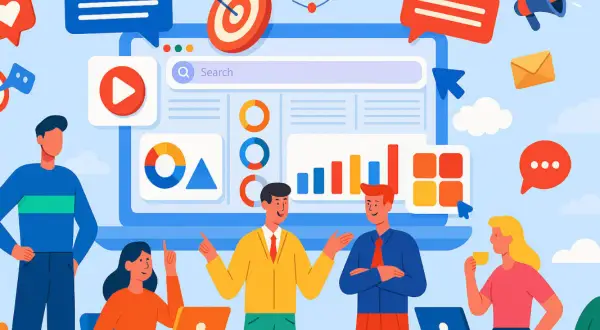 Equipo discutiendo diferentes tipos de agencias de marketing digital, con gráficos, un objetivo y un megáfono.