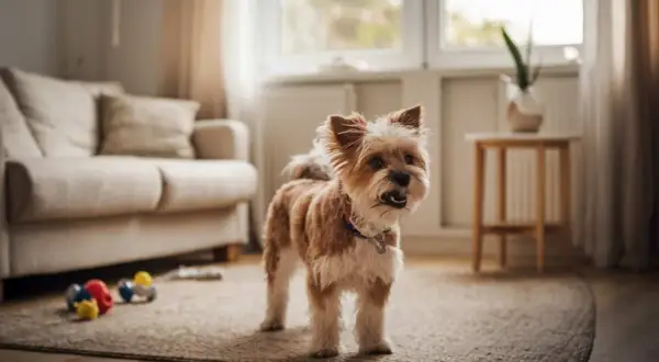 Perro pequeño y peludo, con pelaje marrón y blanco, parado en una alfombra. Parece que mi perro ladra mucho, ¡pero hoy está tranquilo!
