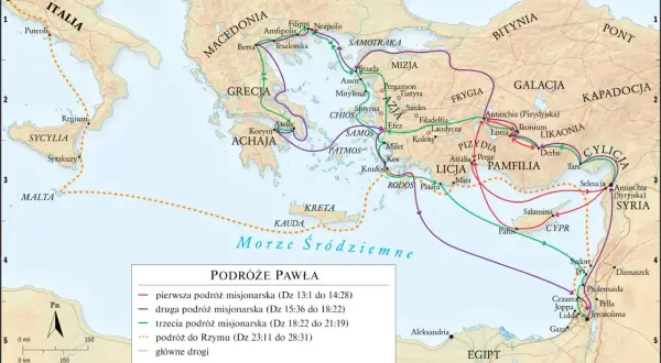 Mapa przedstawiająca podróże misjonarskie św. Pawła po Morzu Śródziemnym, z zaznaczonym Cyprem i Pafos.