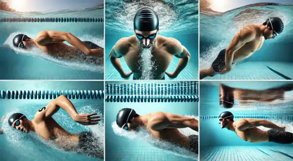 Collage of swimmers in action, showcasing intense triathlon swim workouts. Underwater shots highlight powerful strokes and focused determination.