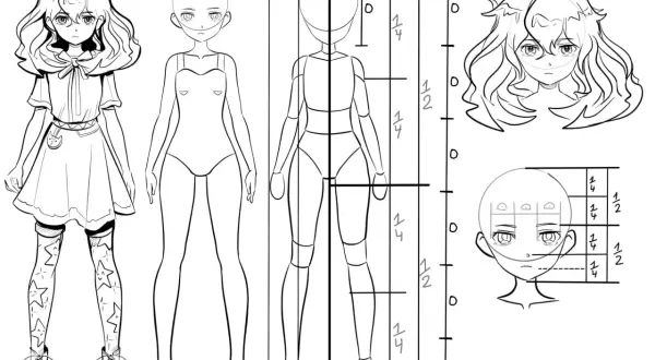 Zeichnungsvorlage: Anime-Figur mit Proportionen und Gesichtsaufteilung.