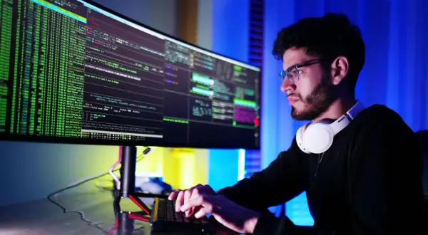 Młody mężczyzna w okularach pracuje przy komputerze, analizując kod. To obrazek dla osób zainteresowanych tym, jakie są technik informatyk zarobki.