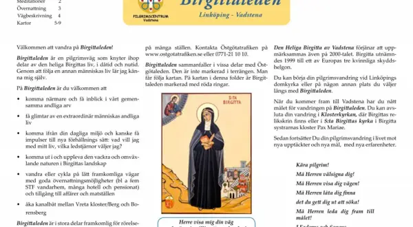 Bilden visar en illustration av den heliga Birgitta, med text om Birgittaleden, en pilgrimsväg.