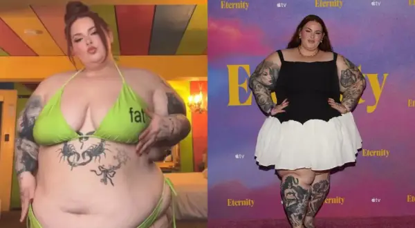 Modelka plus-size w bikini i w czarno-białej sukience na tle dywanu.