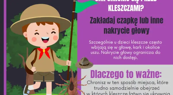 Dziecko w stroju harcerza, z flagą i wielkim kleszczem, uczy jak chronić się przed kleszczami, zakładając czapkę.
