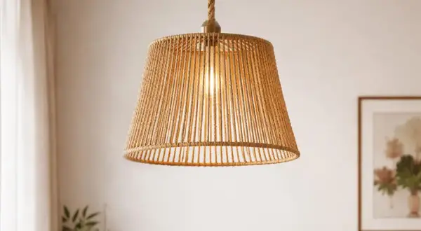 Lampa sufitowa z juty, tworząca przytulną atmosferę. Jej pleciony klosz rozprasza ciepłe światło, idealne do salonu.