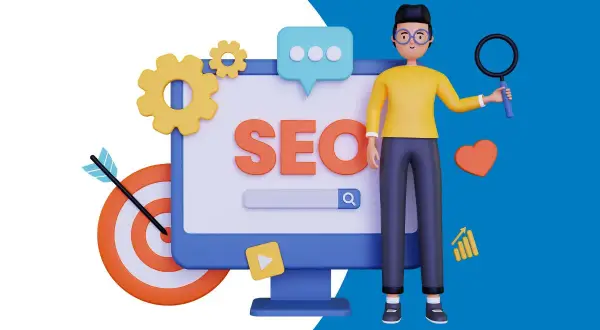 Postać z lupą analizuje ekran z napisem SEO. Grafika symbolizuje optymalizację strony, kluczową dla **wordpress seo**.