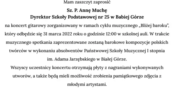 Zaproszenie na koncert gitarowy z barokowymi kompozycjami.
