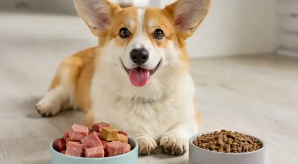 Glücklicher Corgi vor zwei Futterschalen: eine mit Würfeln für BARF, die andere mit Trockenfutter.