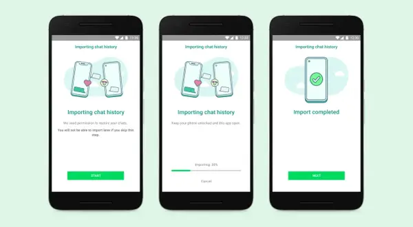 Ekran pokazuje, jak przenieść WhatsApp z Androida na iPhone. Proces importu historii czatów jest w toku.
