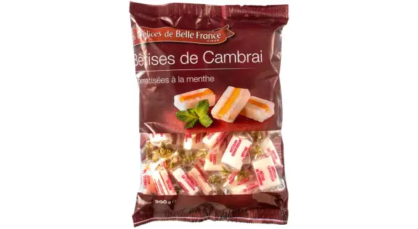 Bolsa de Bêtises de Cambrai, caramelos de menta con un toque de naranja, envueltos individualmente.