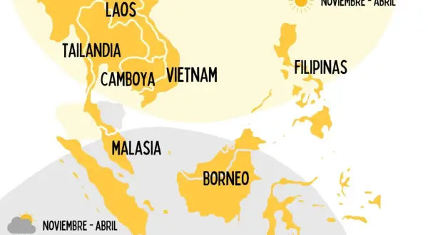 Mapa Azji Południowo-Wschodniej z zaznaczonymi krajami. Kiedy jest pora deszczowa w Malezji? Od maja do października.