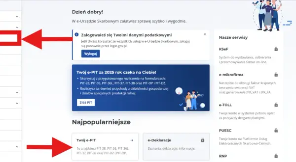 Z menu po lewej wybierz "Twój e-PIT", aby rozliczyć PIT-28, PIT-36, PIT-36L, PIT-37, PIT-38, PIT-OP i PIT-DZ.