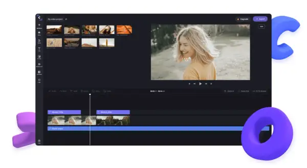 Interfejs aplikacji do montowania filmów z podglądem wideo i ścieżkami wideo oraz muzyki.
