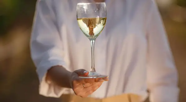 Calice di Pinot Bianco, con riflessi dorati e bollicine, evoca le sue fresche caratteristiche.