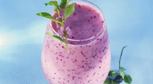Erfrischender Beeren-Smoothie, perfekt für eine low carb Ernährung. Mit frischen Kräutern garniert.